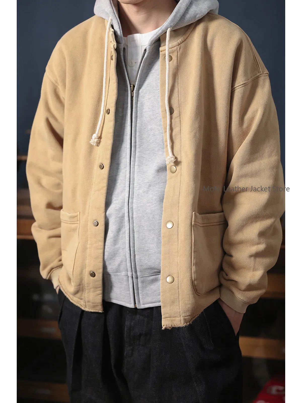 Knitted Baseball Jacket Garment Dyed Vintage Distressed Light Fleece Collarless Bomber Jacket