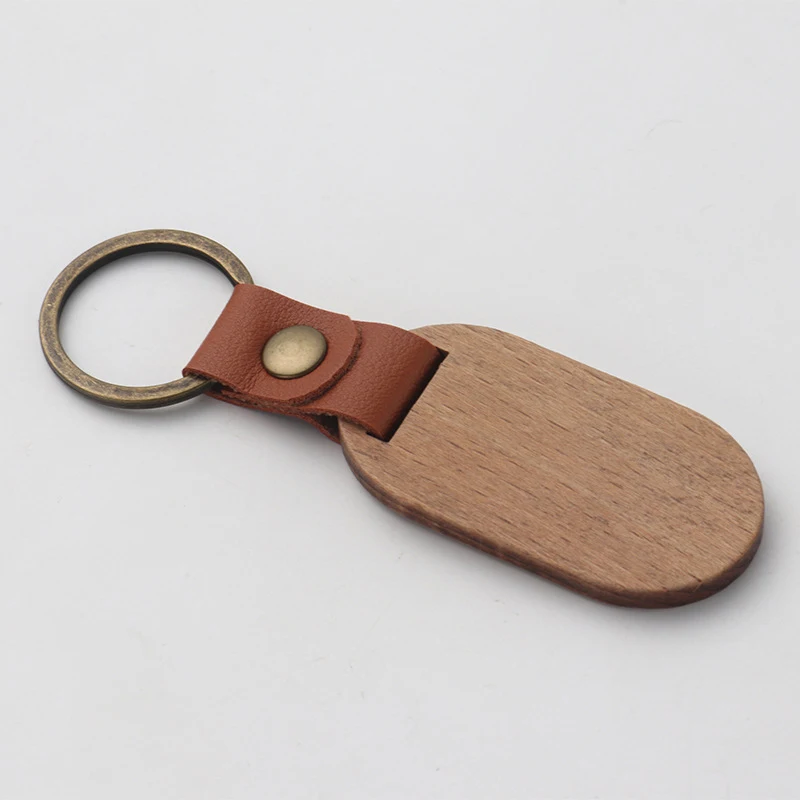 12Pcs Blank PU Wooden Keychains Retro Key Chain Beech Metal Key Chain Pendant Gifts