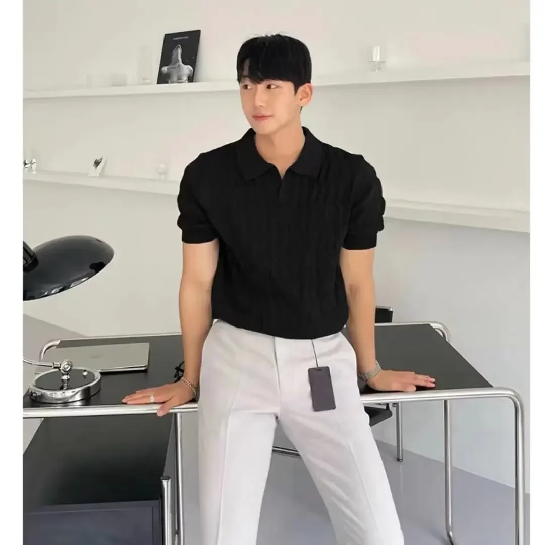 Summer New Men's Knitted Jacquard Polo Shirt Striped V-Neck Solid Color Short-sleeved T Shirt Korean Y2k Men Clothing Tops