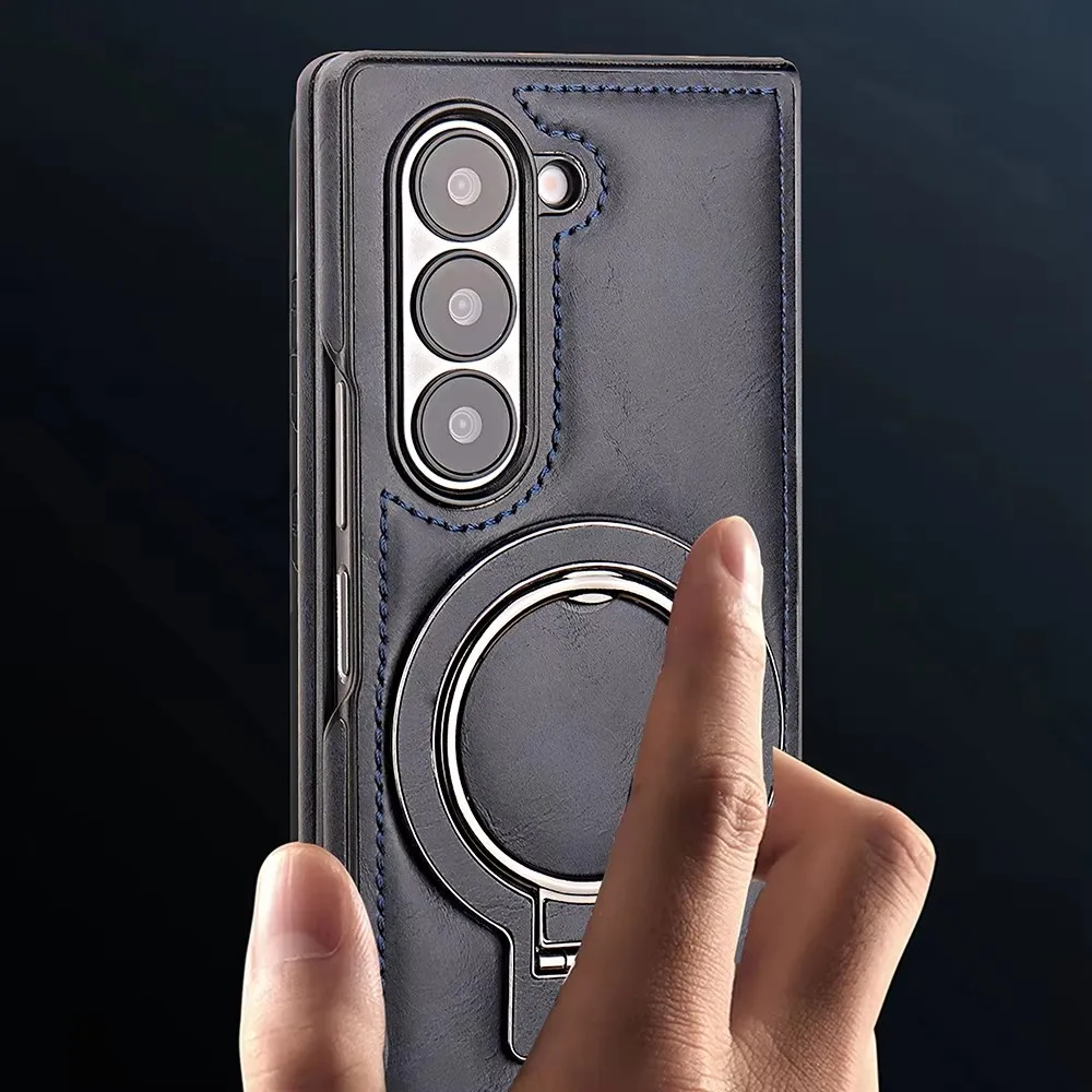 High-end Leather Magnetic Ring Holder Case For Samsung Galaxy Z Fold 6 5 4 Wireless Charging Shockproof Protective Cover