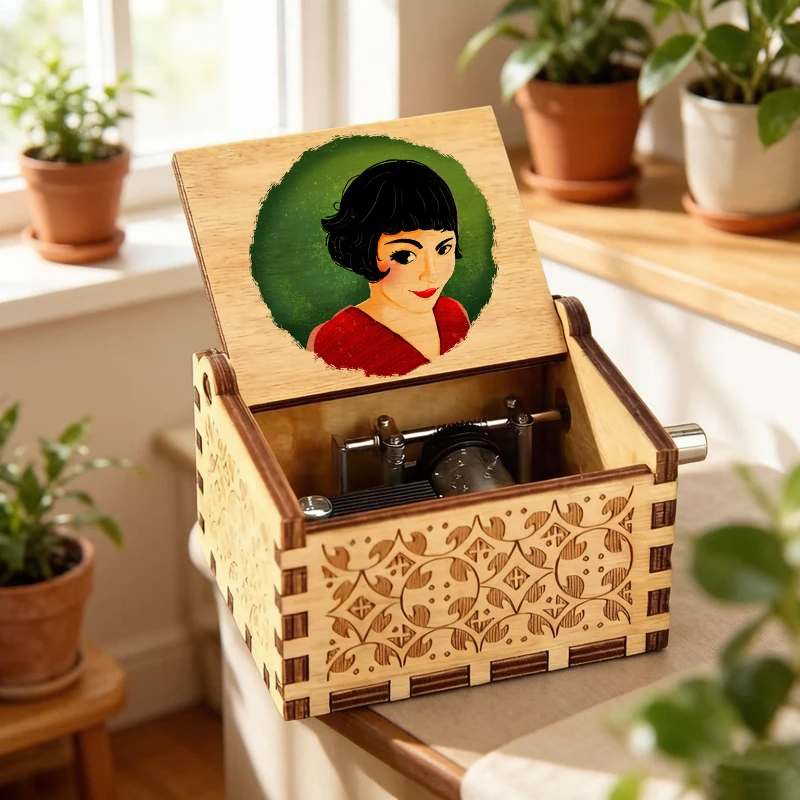 Famous Movie Amelie Wooden Music Box, La Valse D'Amelie Theme, Color Printed Family Birthday Gift Cute Christmas Decoration