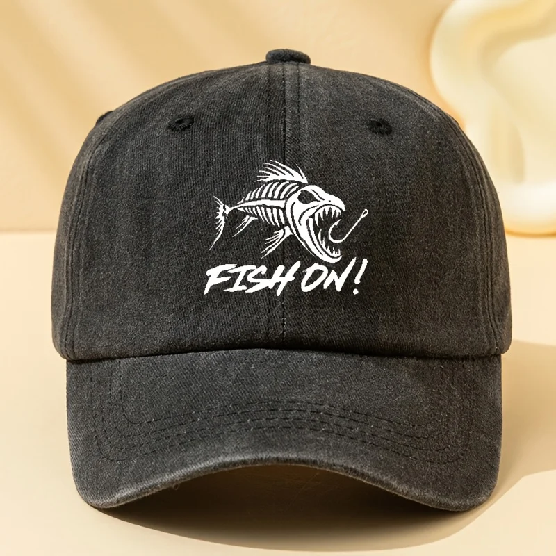 

Cap with Bold Fish Graphic & "FISH ON!" Print - Adjustable Snapback Hat for Outdoor Sports, Fishing, and Casual Wear