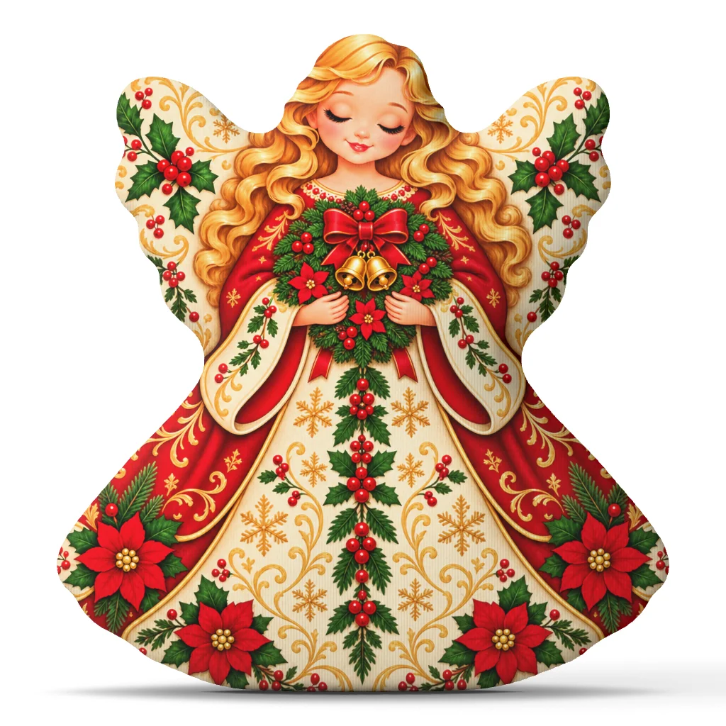 Christmas Angel Shaped Throw Pillow Holiday Cushion with Poinsettia and Holly Stuffed Plush Decor for Sofa Bed Gift Winter