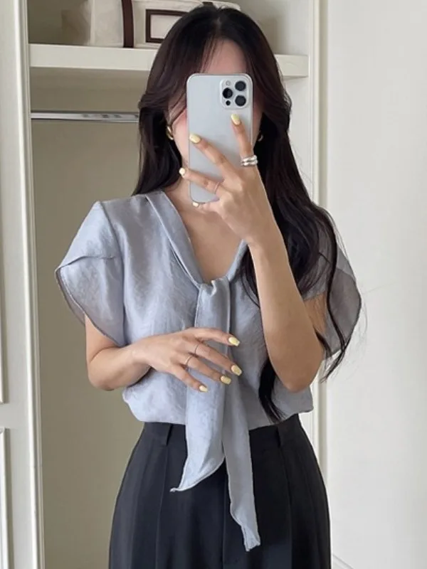 

Корейский Sle Chic V-Ne Sa ort Sve irt Женский летний новый высококачественный супер красивый топ для поездок на работу Чистая электронная коммерция