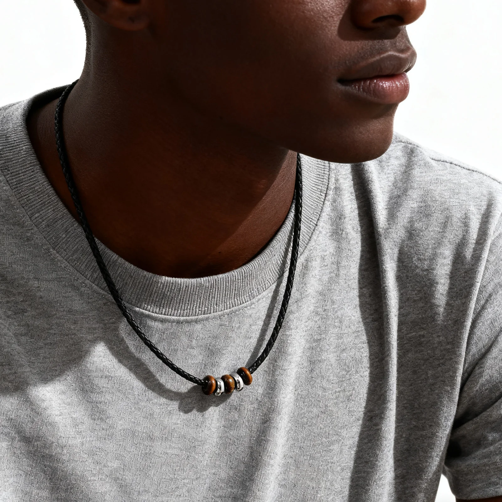 

Vintage PU Leather Necklace for Men,Stainless Steel Beads Natural Tiger Eye Stone Collar,Simple Jewelry Male Gift