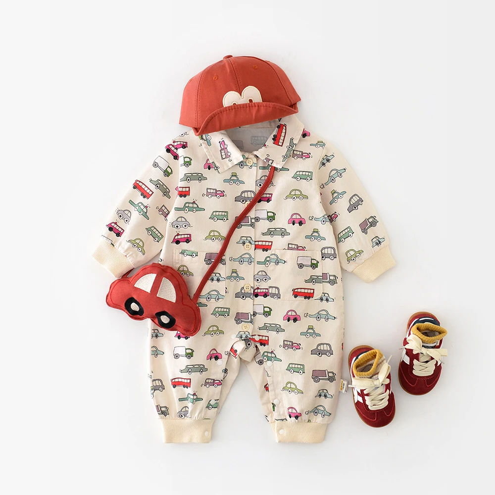 

LILIGIRL 2025 Autumn New Baby Boys Clothes Full Of Car Print Infant Jumpsuits Toddler Playsuit Infant Outfit