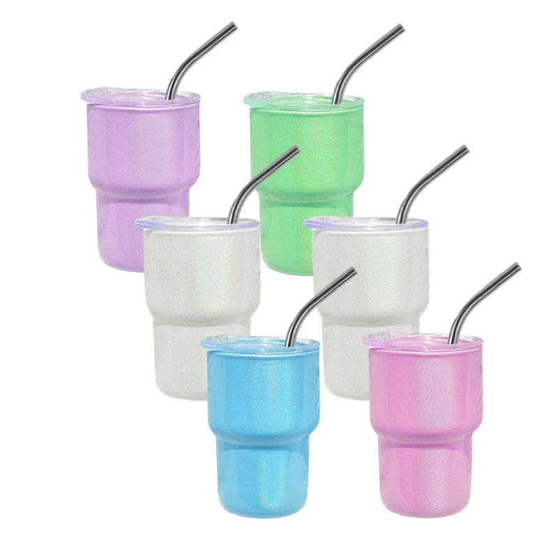 6pcs Pack 3oz Sublimation Blank Shimmer Shot Glass Wine Whiskey Cup Glass With Metal Straw He