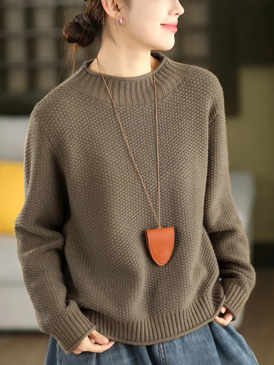 Femmes Vintage Mori fille couleur unie tricoté pull pulls automne nouveau col mi-haut à manches longues décontracté ample tricots hauts