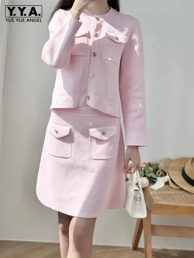 

Осенний новый милый женский розовый трикотаж, женская офисная работа, облегающий однобортный кардиган с круглым вырезом, мини-юбка, комплект из двух предметов