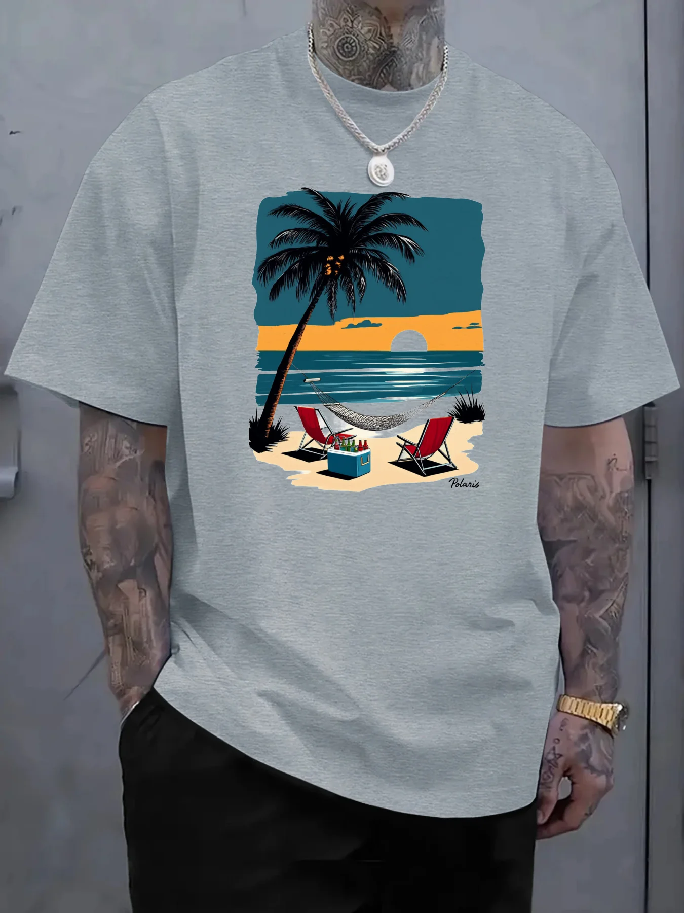 ผ้าฝ้ายแท้ผู้ชายสีแดงทรอปิคอลบีชกราฟิกเสื้อยืดวันหยุดฤดูร้อนเปลญวนการออกแบบต้นปาล์ม