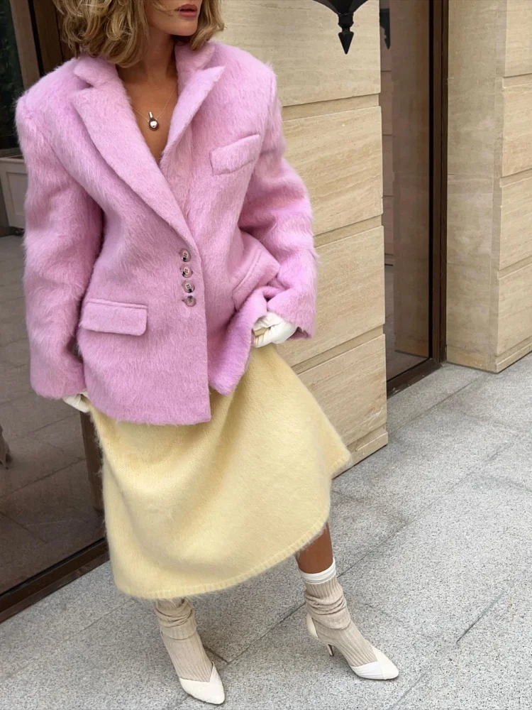 Women\'s Elegant Pink Lapel Pockets Woolen Blazer Coat Fashion Single-breasted Loose Long Sleeve Coats 2024 Lady Sweet Outerwear