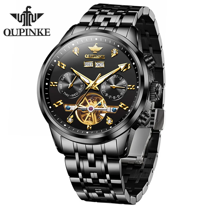 OUPINKE Tourbillon Mechanical Watch Men Fashion Stainless Steel Luminous Waterproof Automatic Watches Men's Sports Relogio