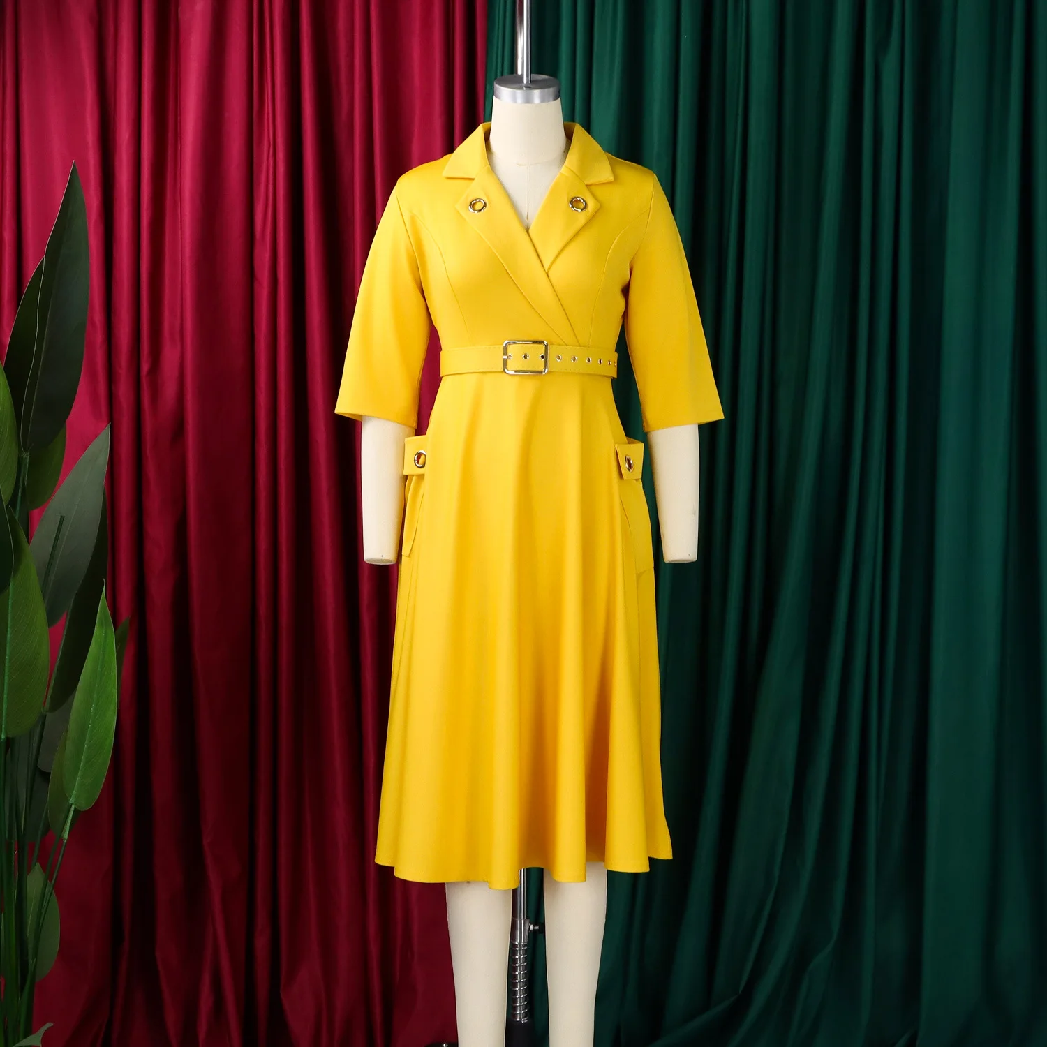 Women's Plus Size Fall Winter Notched Collar Belted Blazer Dress Solid Color Long Sleeve Elegant Sexy Midi Office Evening Outfit