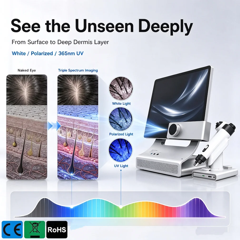 AI Scalp Analysis Machine Scalp and Skin 50x 200x Analyzer 4 Spectrum Follicle Detector Scalp Moisture Beauty Device