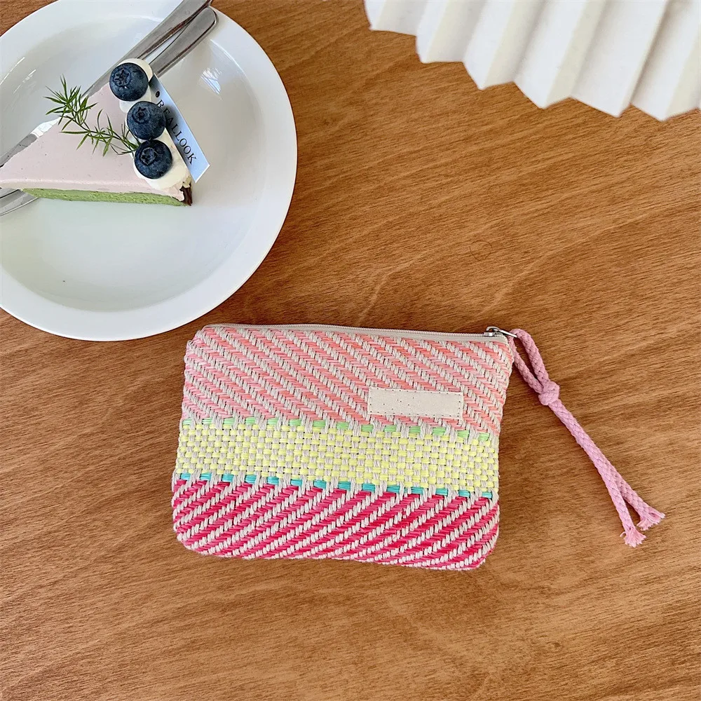 New Woven Colourful Stripes Canvas Clutch Bag Zipper Key Money Bag Pocket Fashion Women Men Coin Purse Small Wallet Card Holder