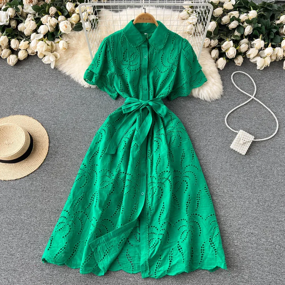 White/Green/Red 2024 Summer New Lace Embroidery Dress Women Short Sleeves Dresses Female Vintage Party Beach Maxi Long Dresses