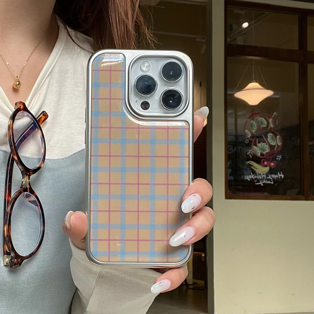 

Grid pattern protector phone case for iPhone 13 15 pro max 14 16 Pro Max Korean Style cover For IPhone 13 14 15 16 phone cases