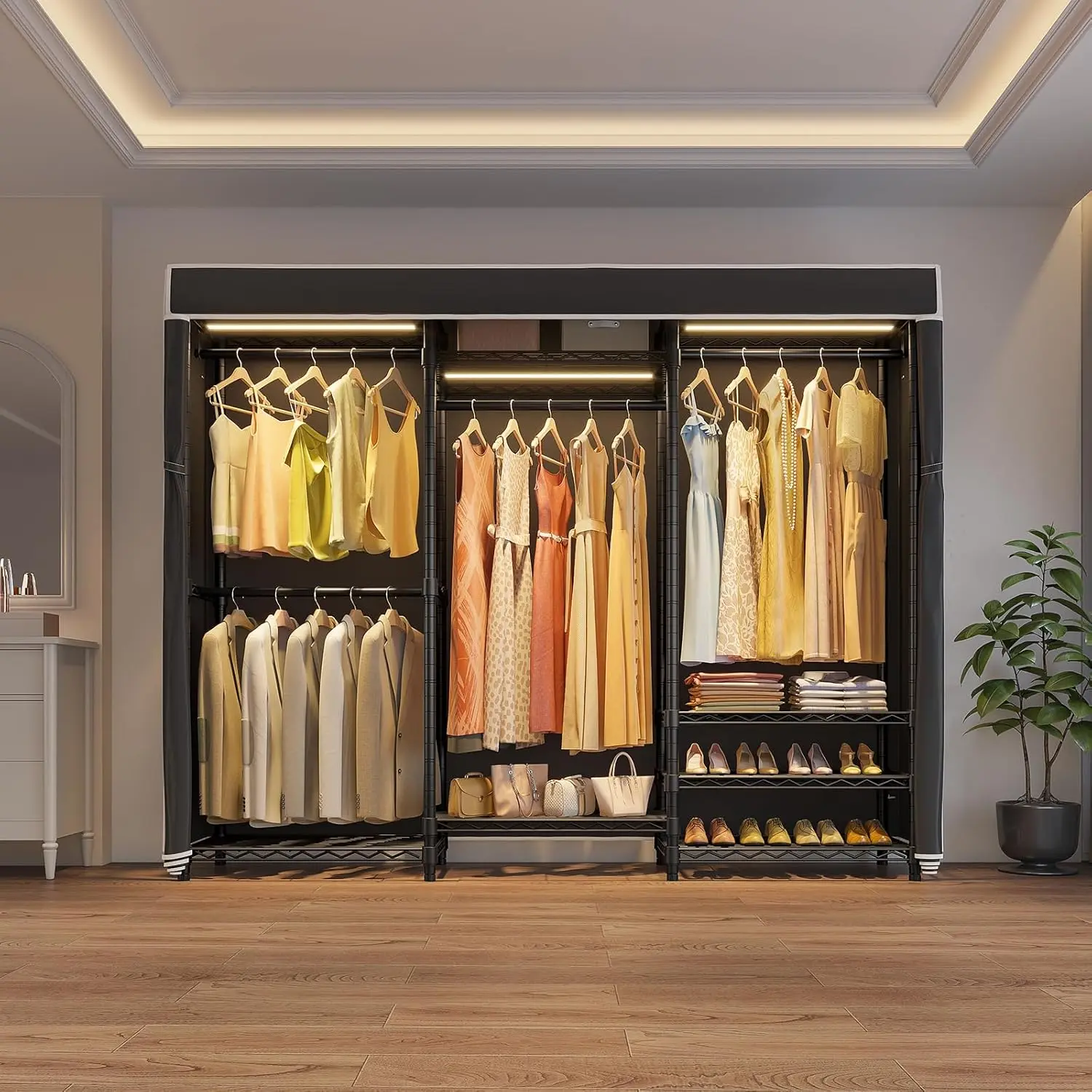 V5L Garment Rack Heavy Duty Covered Clothes Rack with LED Lights, 3000K Warm White, Portable Closet Wardrobe Free