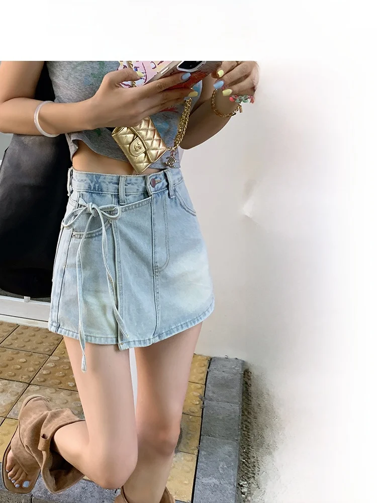 

Summer New Sle High Waist Denim orts Women's Leg Lengthening Effect Fake Two-Piece Belt Design Sensation Pants Skirts