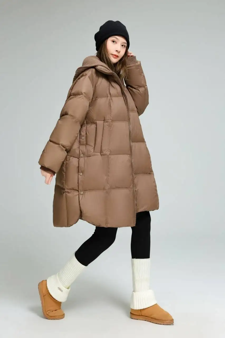 Winter Warm Mid-length Parker Down Jacket Female Knitted Hooded Splice Down Jacket Women White Duck Down Double Zipper Outwears