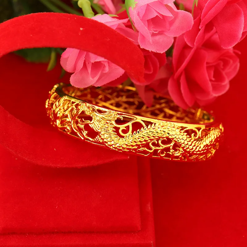 Luxury 24K 9999 Pure Gold real gold Women's Hollow Bracelet Wedding Hollow 12mm Dragon and Phoenix Bracelet