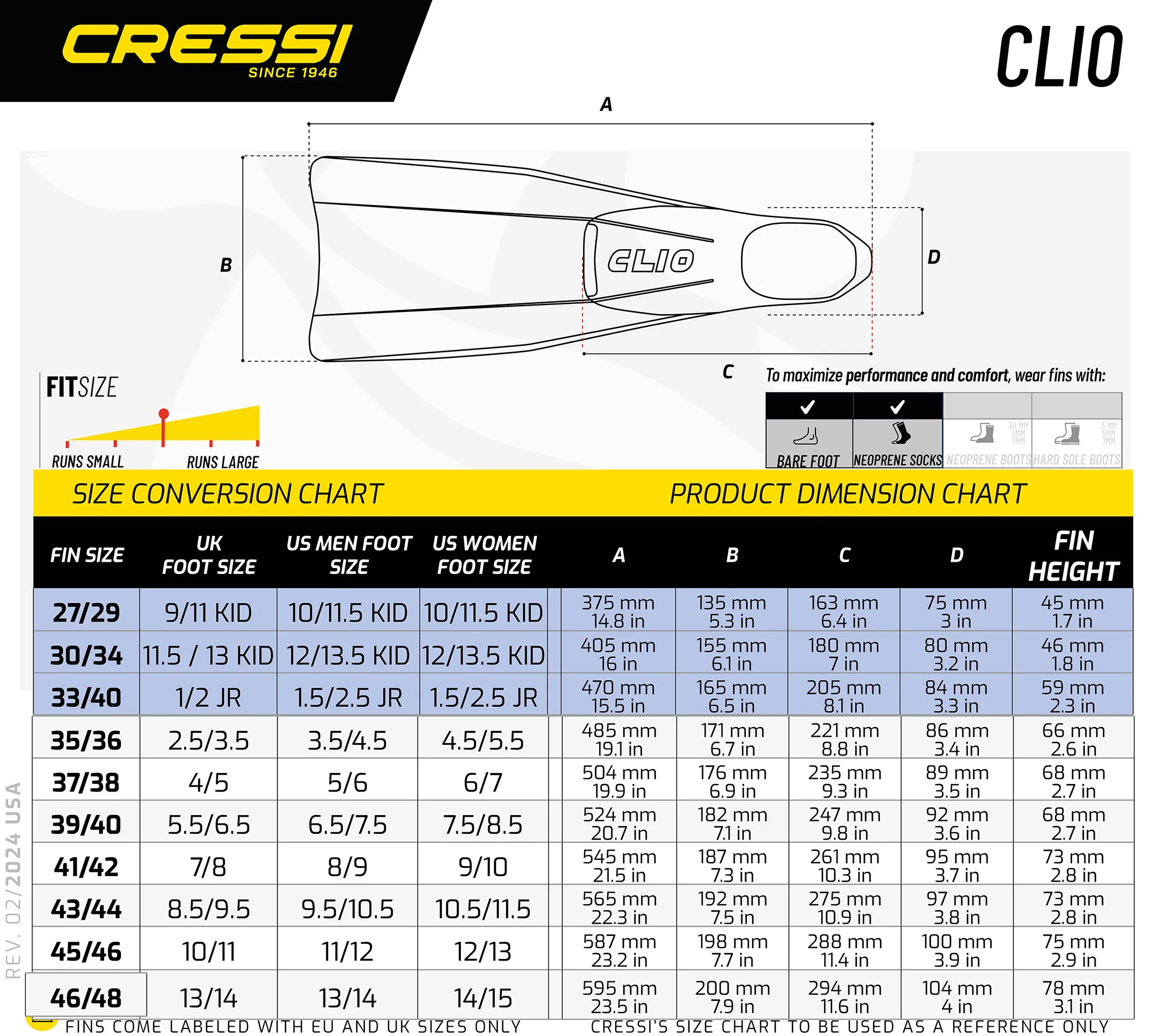 Cressi CLIO Snorkeling Fins Diving Swimming Fin Long Blade Soft Rubber Dive Flipper for Adults Kids Children Boys Girls