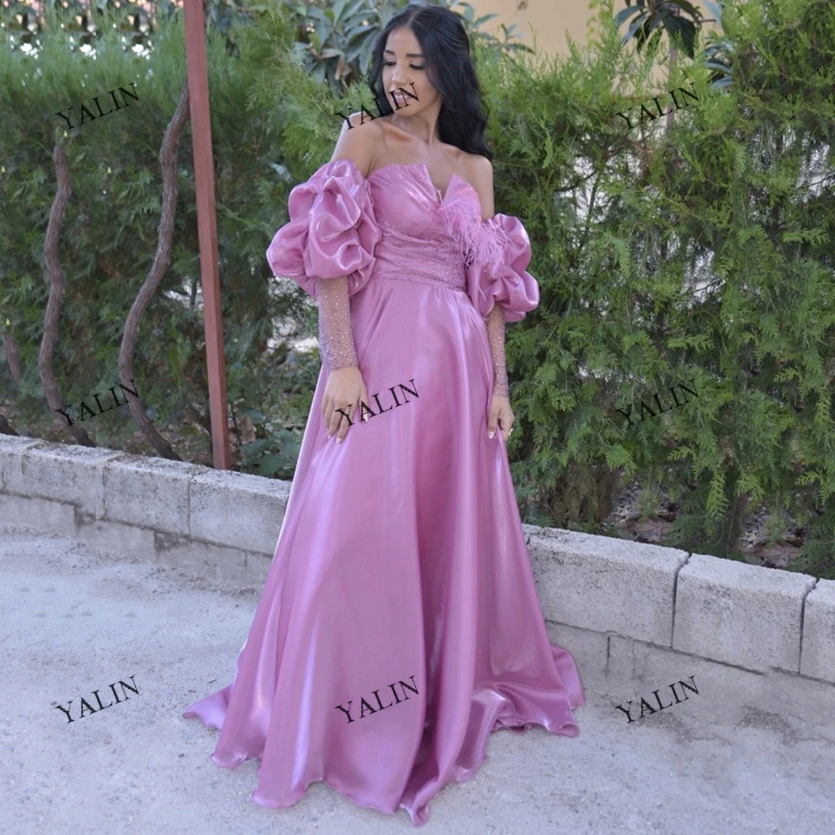 

YALIN Elegant Pink Puff Sleeve Homecoming Dresses Floor Length Organza A-Line Off Shoulder Prom 2022 robe de soiree New