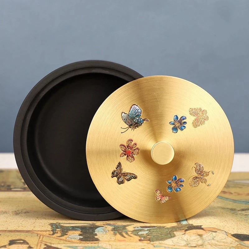 She Ink Stone with Copper Lid Butterfly Ginkgo Pattern for Calligraphy Ink Grinding Art Supply Ink Stick Stone Study Supplies