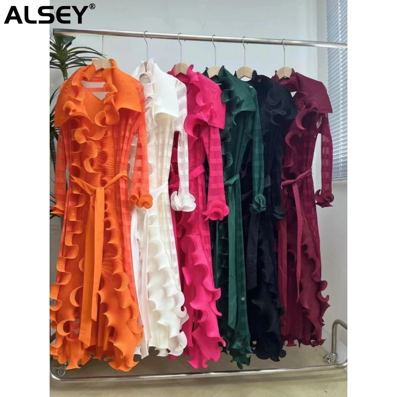 ALSEY Miyake Pleated Sexy Heavy Industry Formal Dress Solid Color Lace Long Sleeve Slim Evening Party Women\'s Two Piece Set