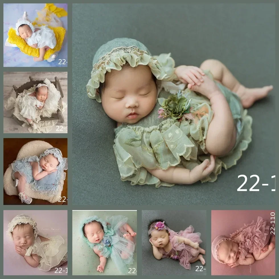 Newborn Photography Props Baby Hat Headband Lace Romper Bodysuits Outfit Baby Girl Dress Clothing Baby Photo Props