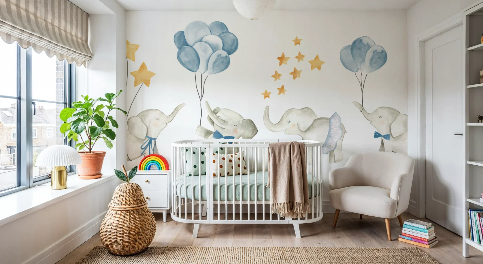 Customized size mural hand-painted cartoon elephant hot air balloon children's room wallpaper home decoration kindergarten mural