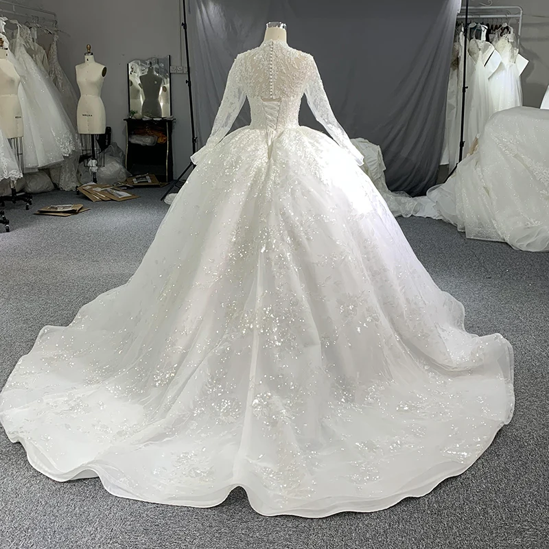 High Neck Sequined Wedding Dresses For Women With Long Sleeve Ball Gown Bride Dress Customized Bridal Gown Robe De Mariee LSB016