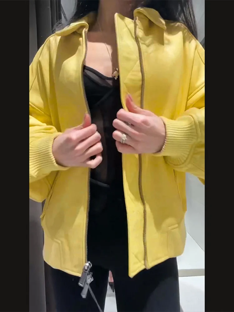 Solid Female Jacket Chic Faux Leather Lapel Zipper Long Sleeve Pockets Loose Women Casual Lady Streetwear Office Commute 2026