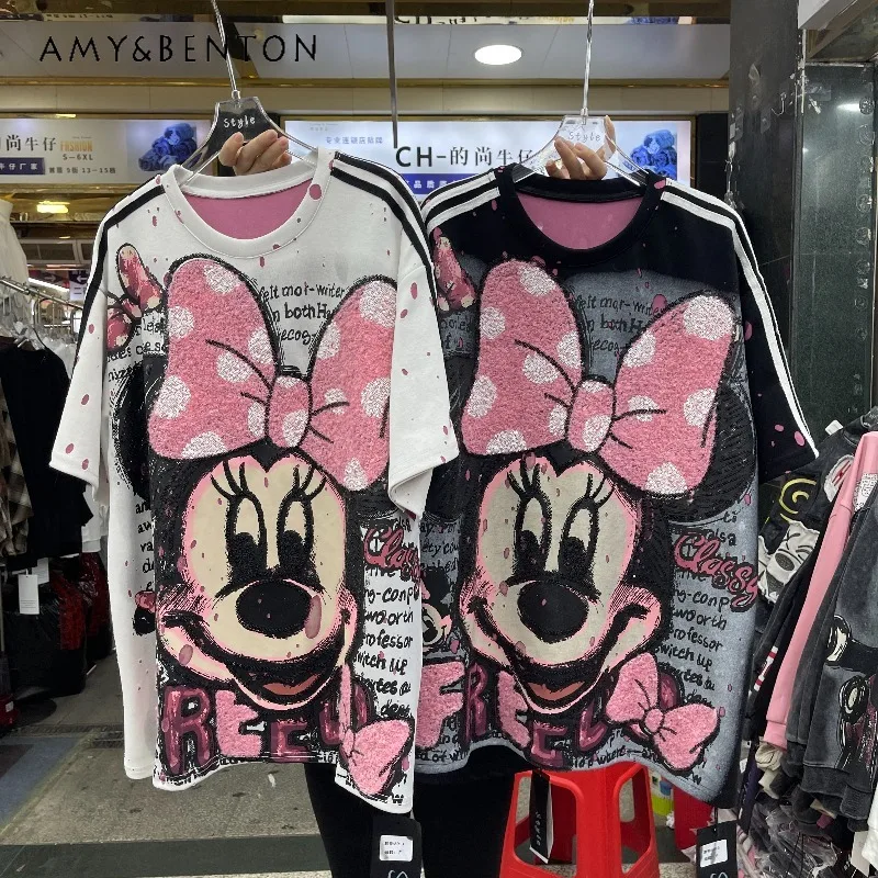 المرأة Y2k Kawaii تي شيرت شعبية فضفاضة قصيرة الأكمام أعلى الصناعة الثقيلة منشفة التطريز المتعثرة الكرتون الشباب بلايز #4