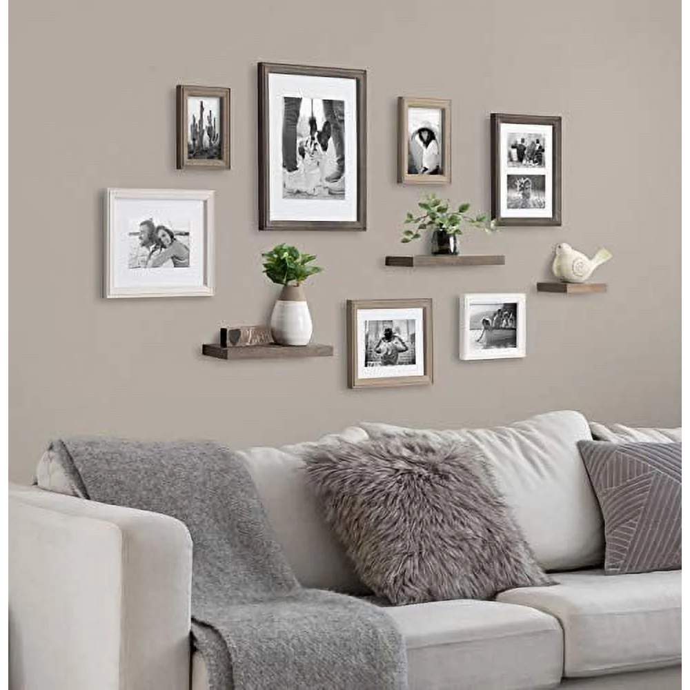 

Bordeaux Gallery Wall Frame and Shelf Kit Set of 10 Rustic Photo Frames and Shelves Home Display Easy to Hang