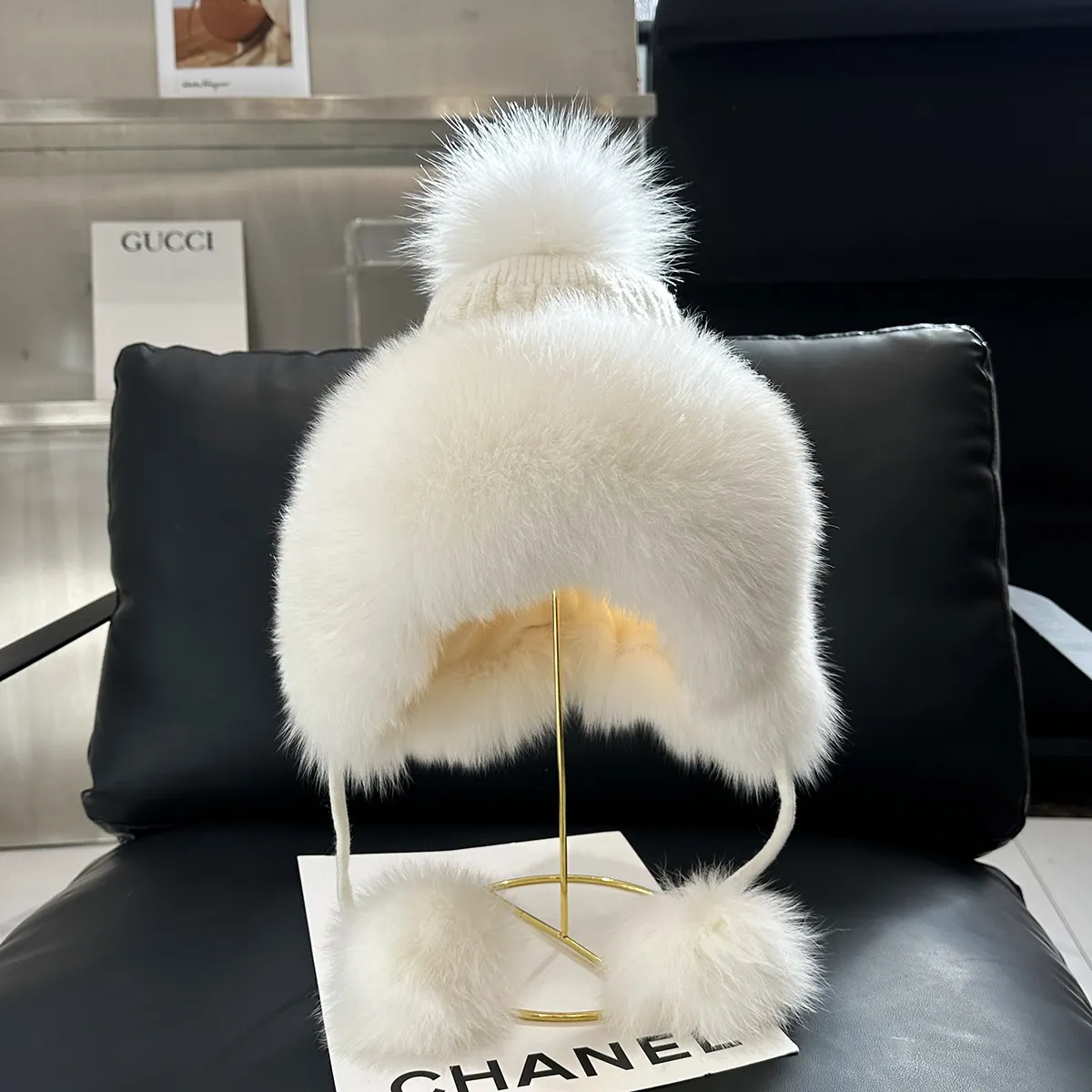 Girls Big Pompom Winter Hat 100% Wool Warm Real Fox Fur Trim Fashionable Ear Protector Bomber Hat  Accessory for Cold Weather