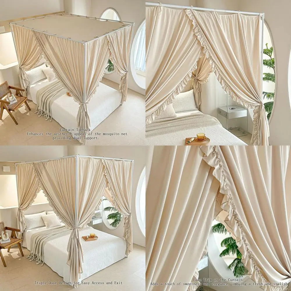 ม่านเตียงเจ้าหญิงสีกากีขนาดเต็มพร้อมสายรัด สำหรับป้องกันลมและแสงในห้องนอนเด็กผู้หญิง