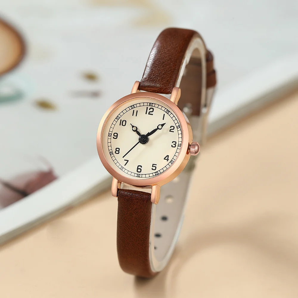 Vintage Small Dial Women Quartz Watch Beige Dial Thin Leather Strap Rose Gold Casual Ladies Wristwatch