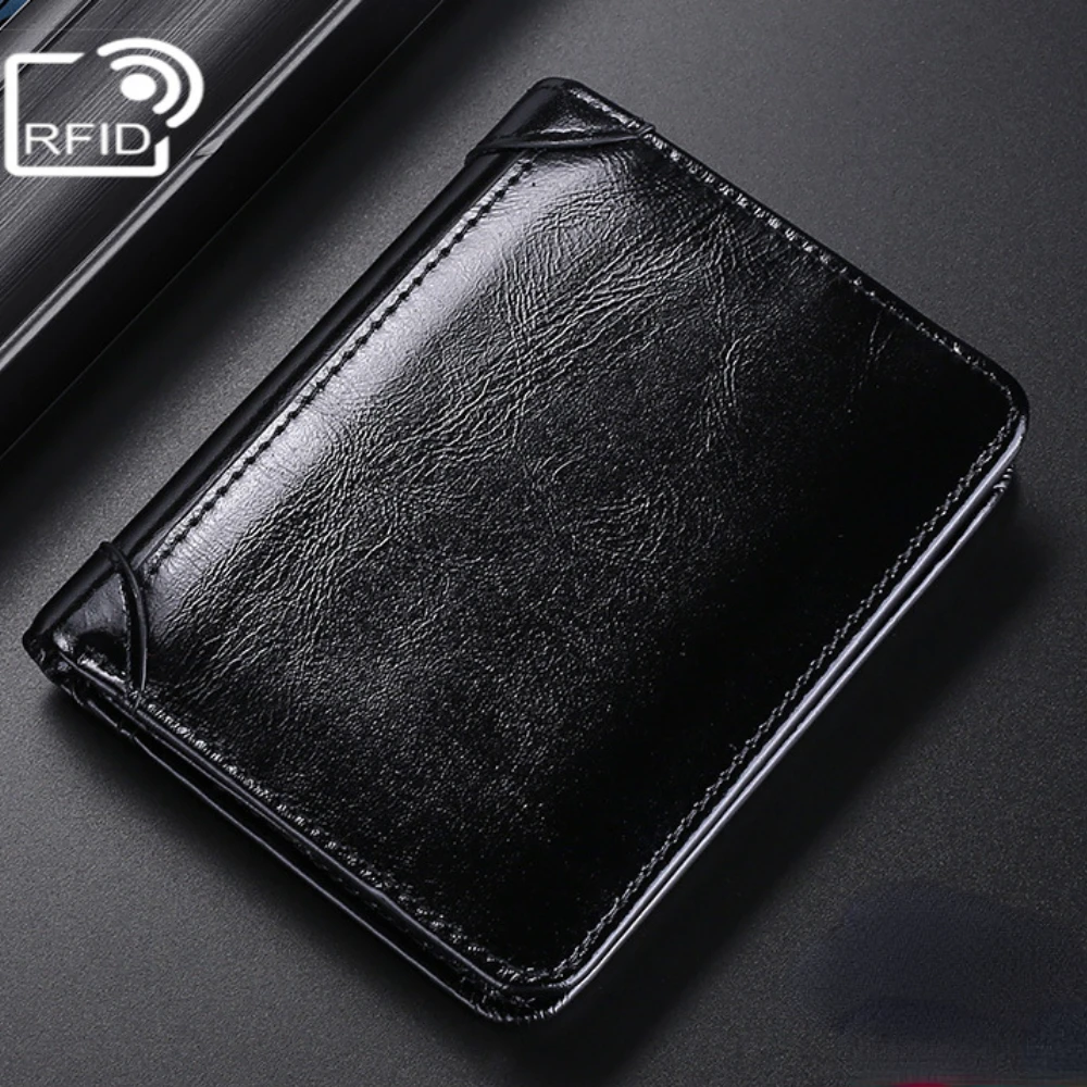Genuine Leather Men's Wallet RFID Vintage Short Black Wallets Trifold Card Holder Wallet Small Cowhide Male Purse Money Bag