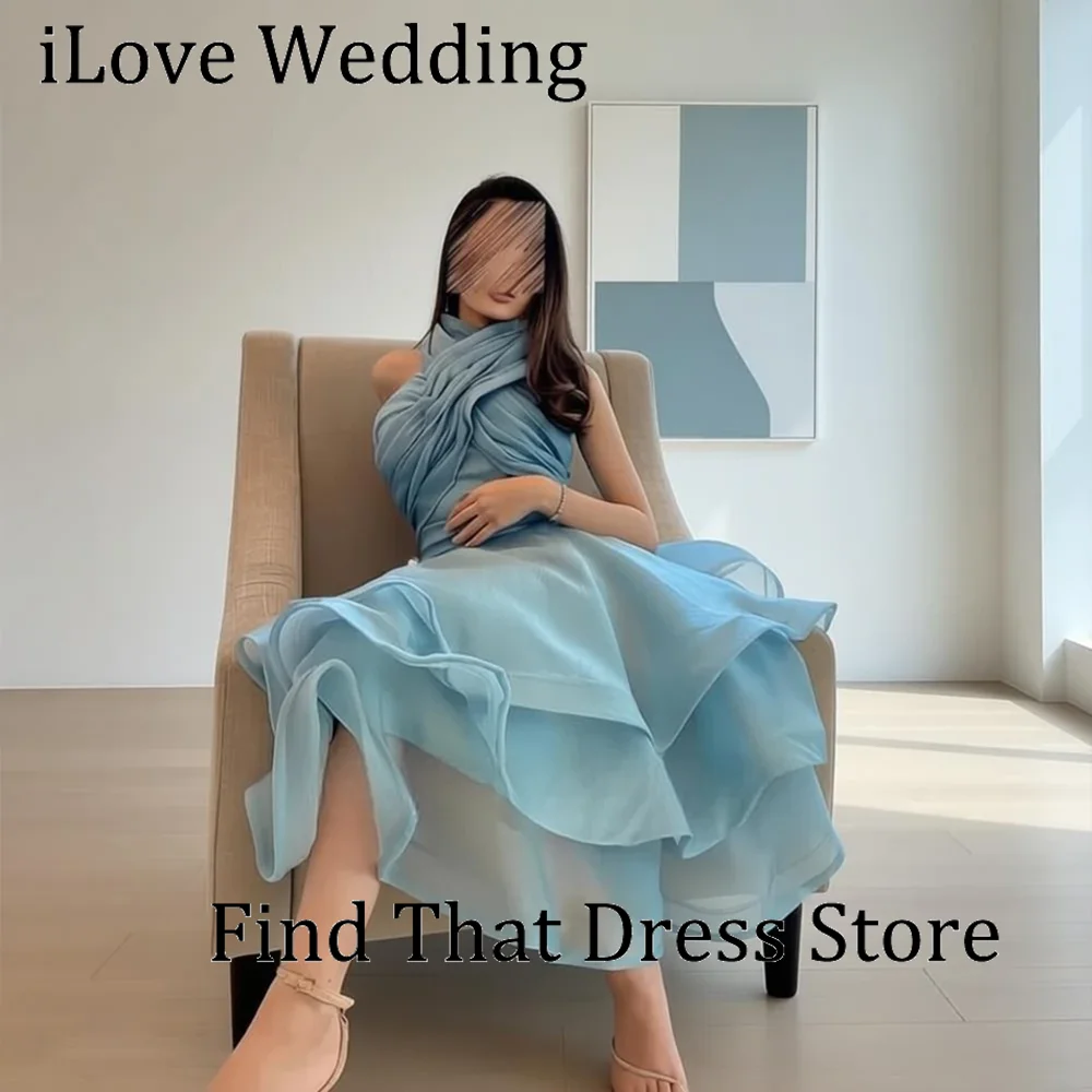 

Custom Made Halter Pleated Organza Evening Party Dress A-line Bridal Tea Length Prom Bridal Dress Sleeveless Tiered