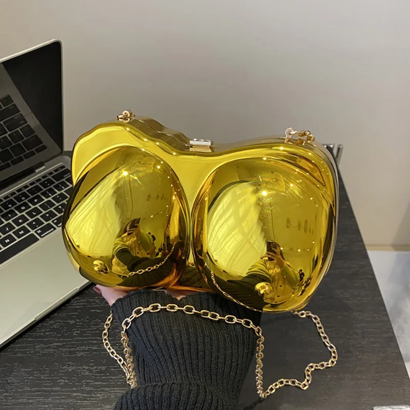 

Party Purse Chest Shape PVC Bag For Women 2024 Mini Crossbody Bag Metal Chain Shoulder Bag Luxury Gold Silvery Lipstick Pouch