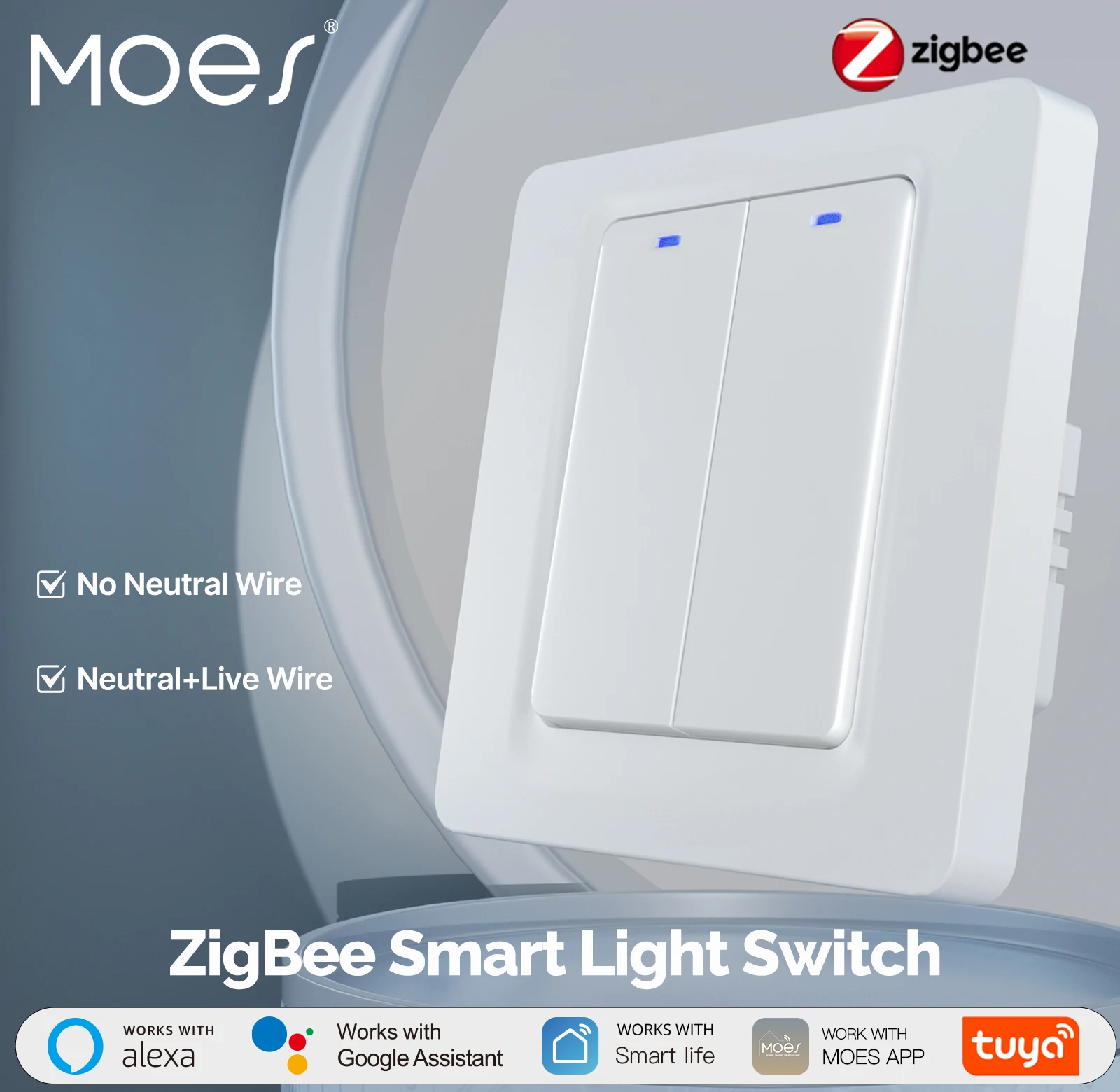 

MOES Tuya ZigBee Smart Light Switch, Neutral Wire Optional, Magnetic Relay, App Control, Compatible with Alexa & Google Home