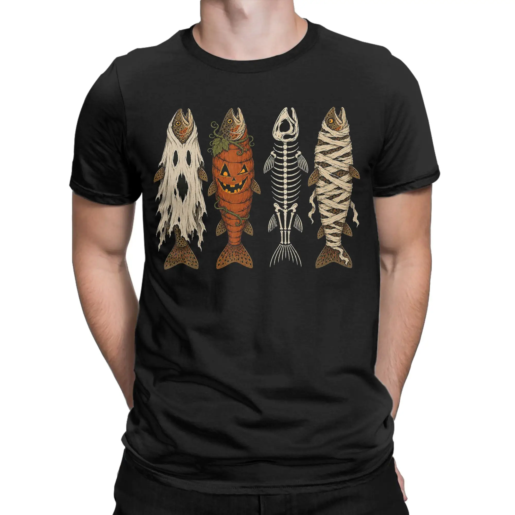 Ghost Pumpkin Skeleton Mummy Trout Funny Halloween Fishing T-Shirts Men's Breathable Oversize Clothing Short-Sleeved Tops