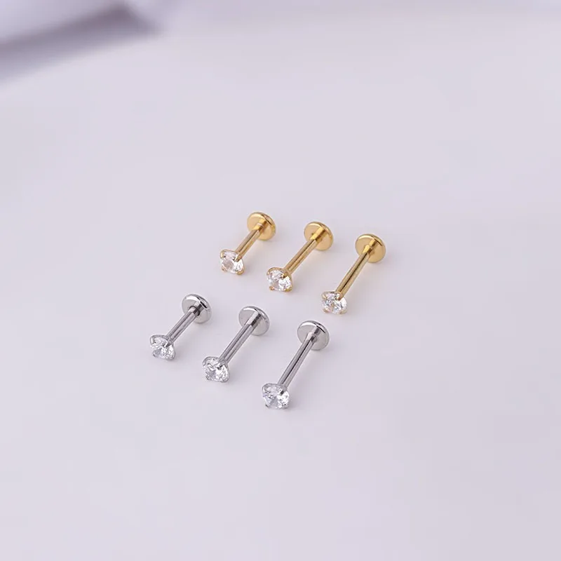 2pcs Stainless Steel Piercing Tragus Stud Earrings, Crystal Labret Small Ear Stud Helix Cartilage Earring for Women Body Jewelry