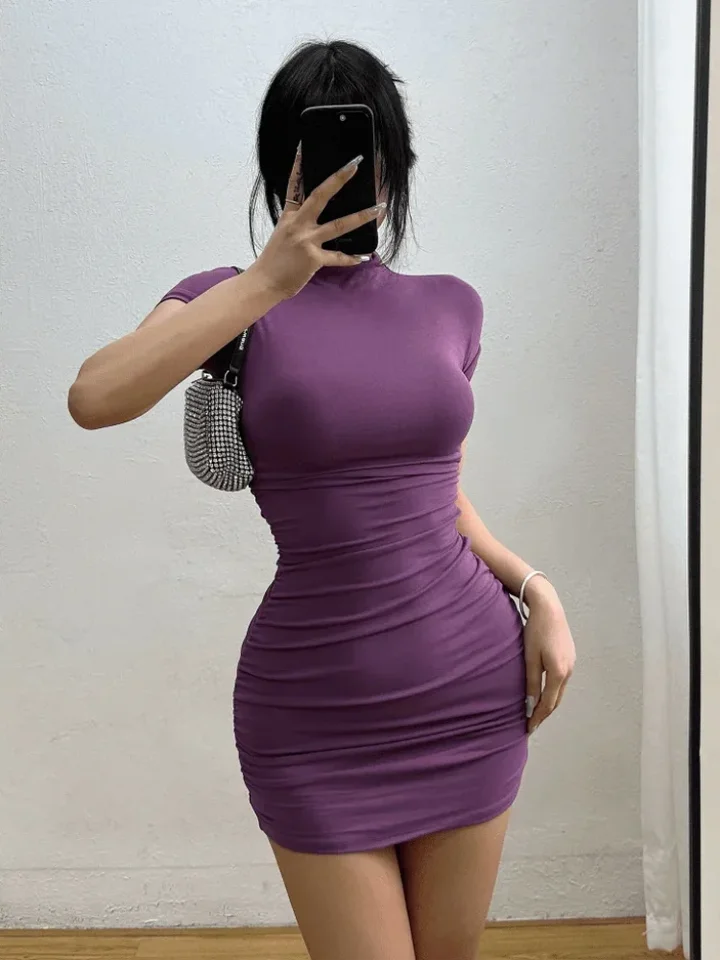 Vestido Mini Corto de Cuello Alto con Pliegues en la Cintura, Ajustado y Sexy para Mujer, Ropa de Fiesta 3