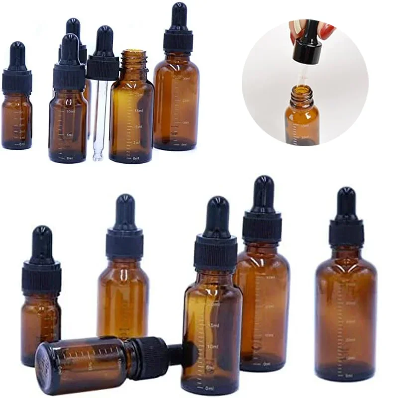 

10pcs 5-100ml Empty Refillable Amber Glass Graduated Dropper Bottle Essential Oil Cosmetics Container with Glass Pipette Dropper