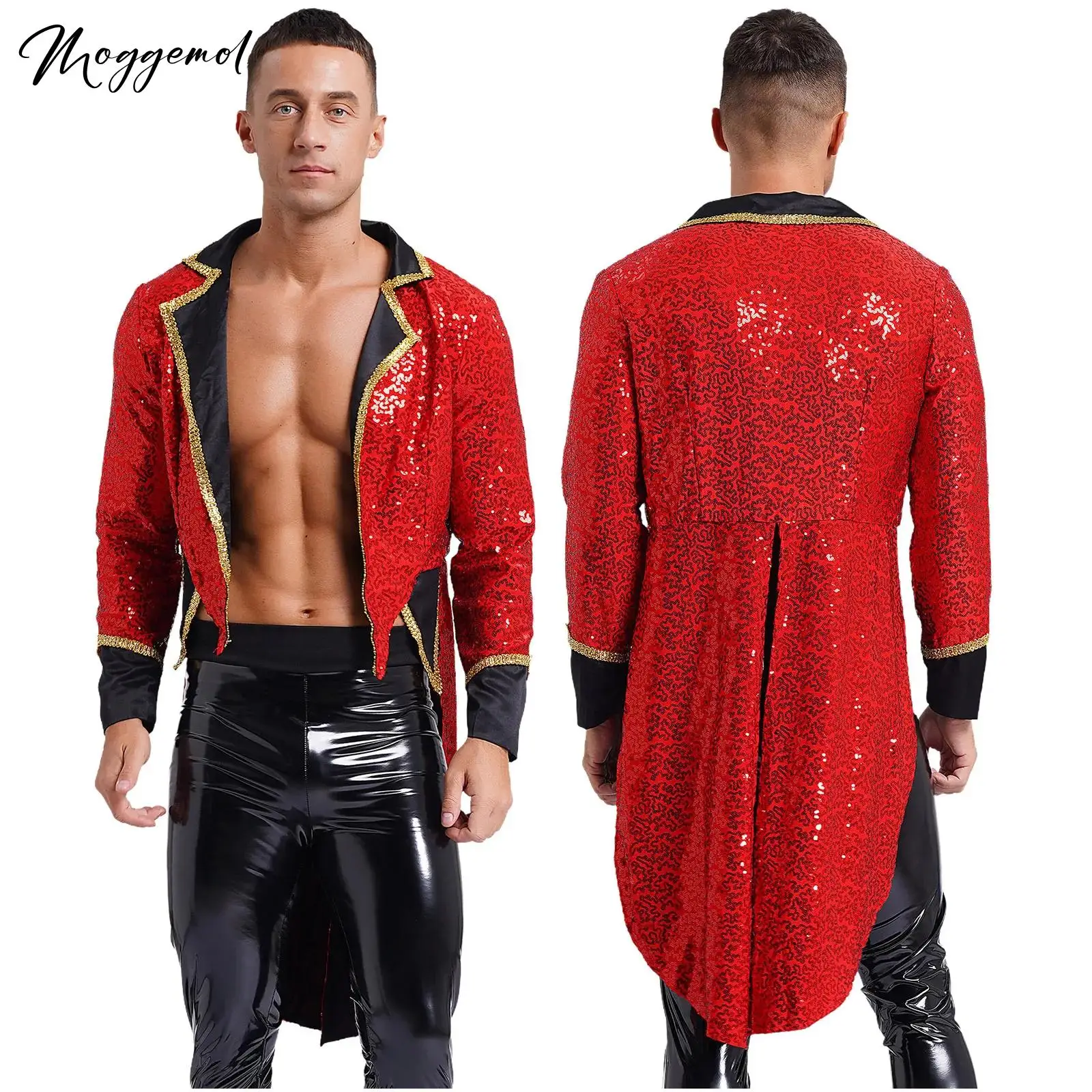 Mens Circus Ringmaster Showman Costume Lion Tamer Tailcoat Halloween paillettes Notch risvolto manica lunga cappotto a coda di rondine