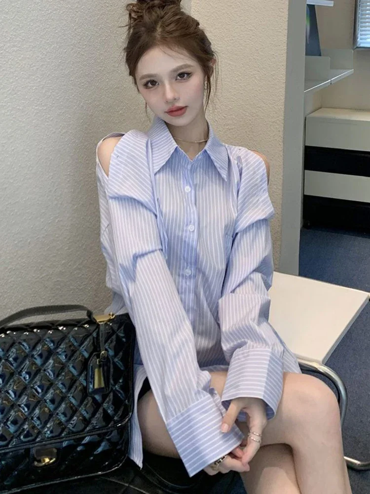 

Hollow Out Striped Shirt Women Casual Korean Loose Long Sleeve Blouse Vintage Female Sexy Off Shoulder Elegant Tops Spring JJ135