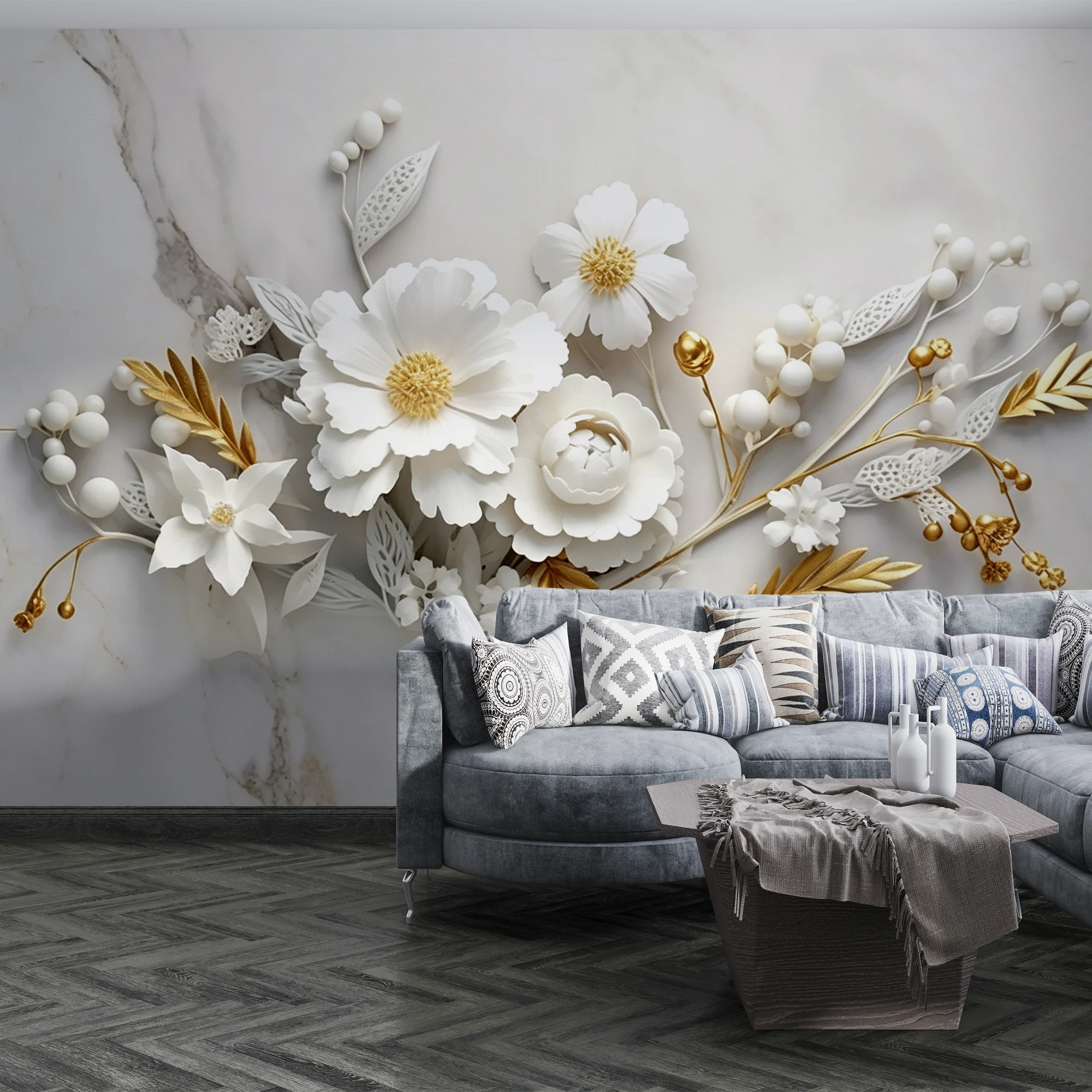 3D Relief White Flower Marble Wallpaper, Golden Leaf Floral Mural, Luxury Living Room Bedroom Wall Decor