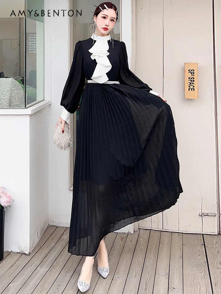 

Lantern Sleeve Elegant Slim Large Swing Dress for Women High-Grade Graceful Patchwork Professional Dress Early Spring Long Dress